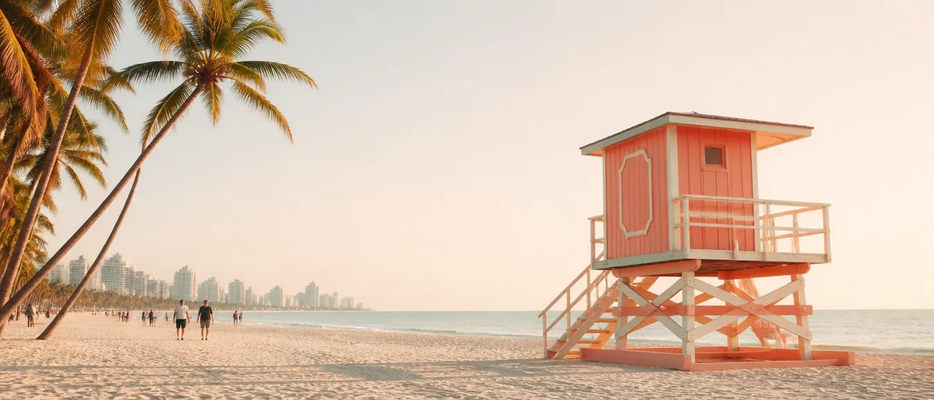 Torre de salvavidas coral en la arena de South Beach, Miami, con palmeras y el mar al amanecer
