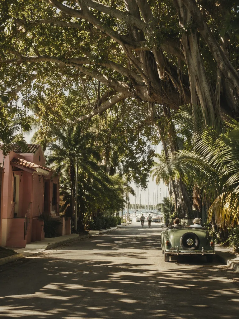 Coconut Grove, Miami — Sombra de banianos y marinas