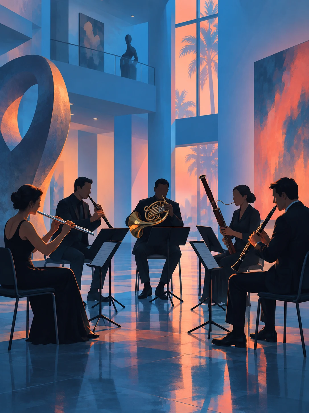 Ilustración editorial de Quinteto de vientos en The Bass