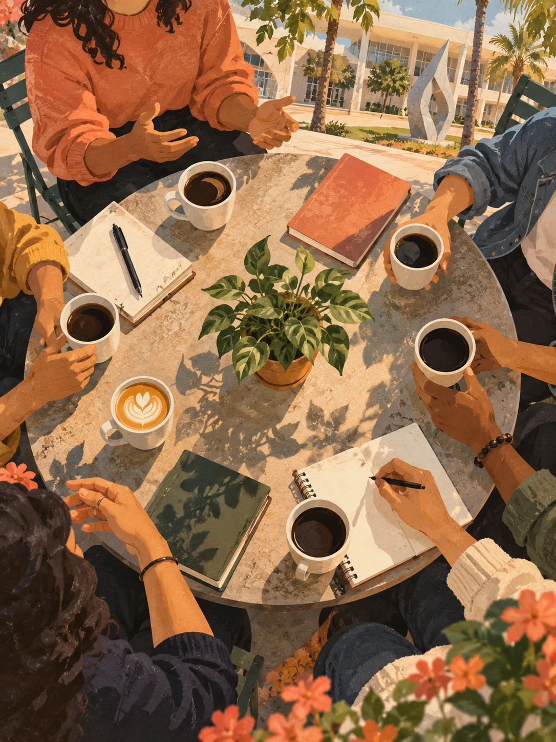 Ilustración editorial de Cafecito Conversations: voces jóvenes de Miami