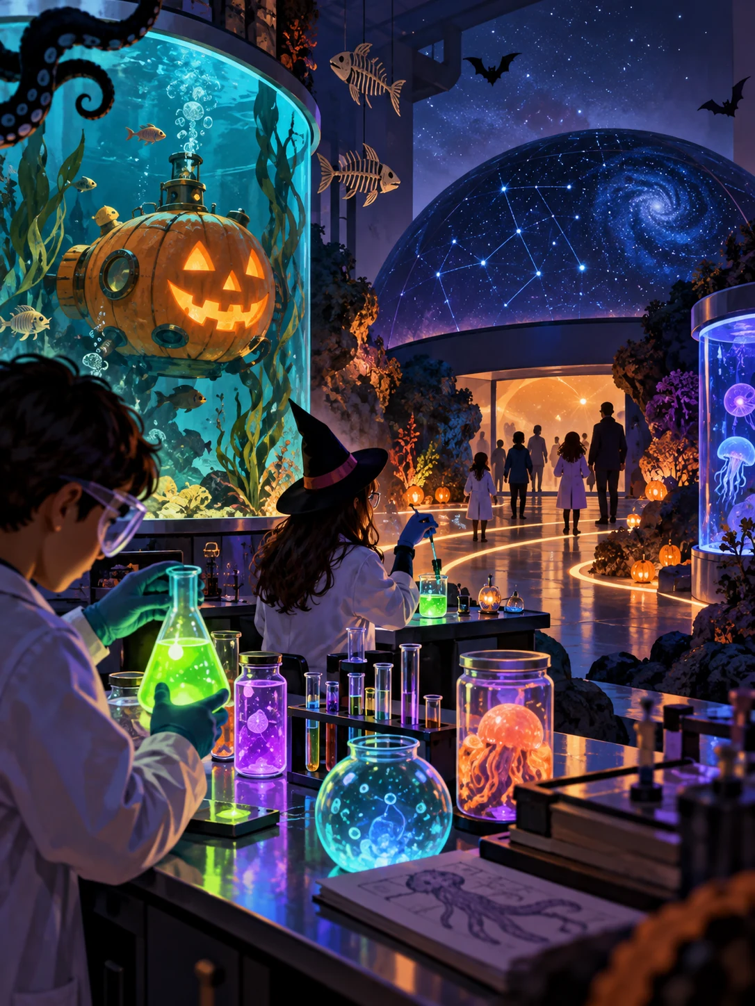 Ilustración editorial de nightLAB: ciencia y Halloween