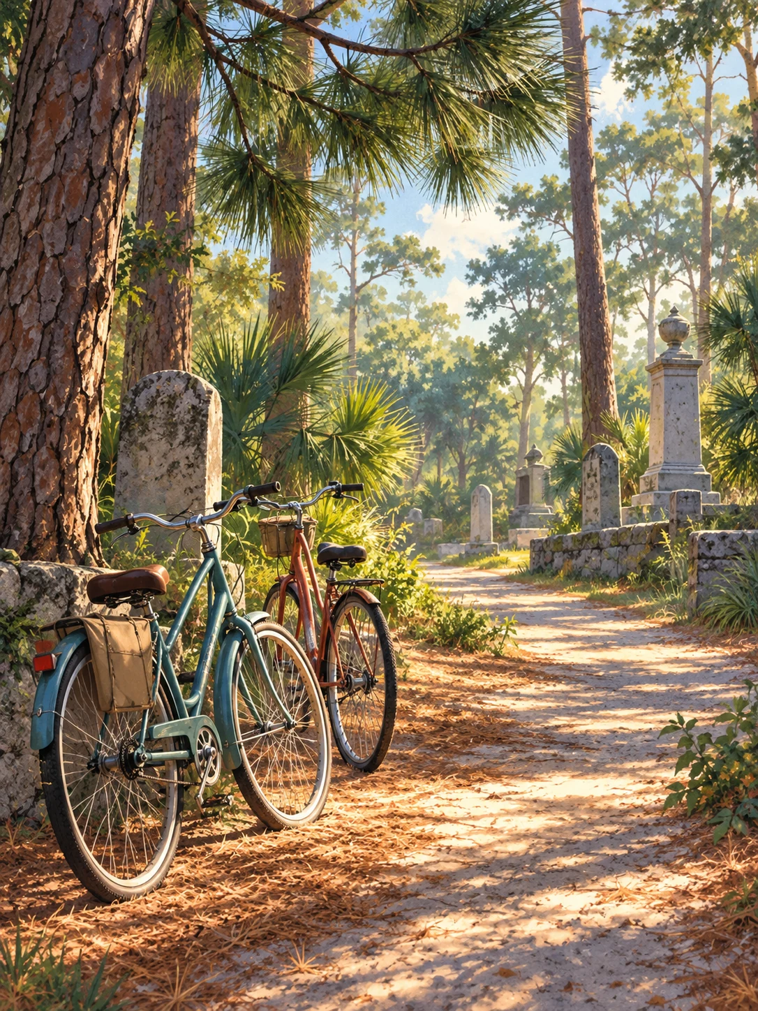 Ilustración editorial de En bici hacia Pinewood Cemetery