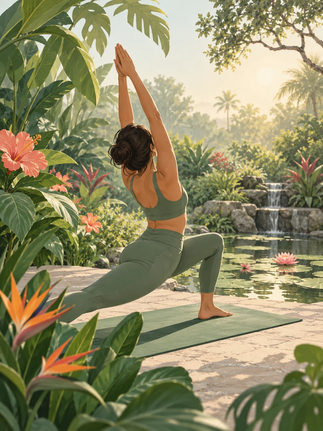 Ilustración editorial de Vinyasa suave en el jardín botánico