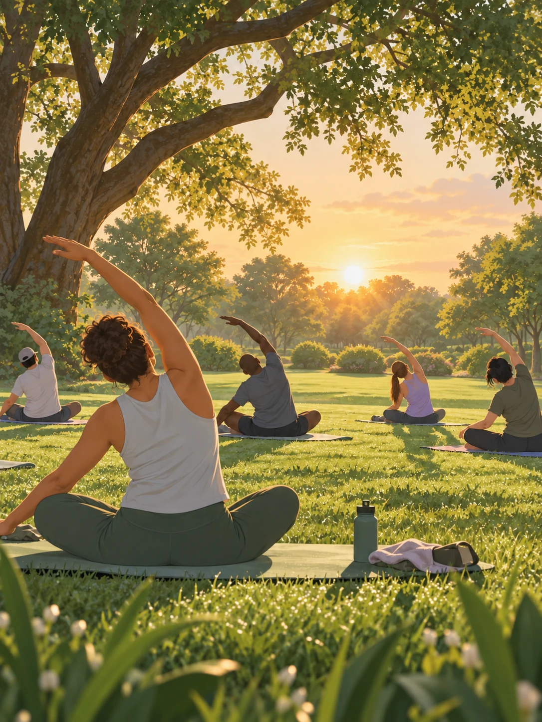 Ilustración editorial de Yoga comunitario gratis en Sugarwood Park