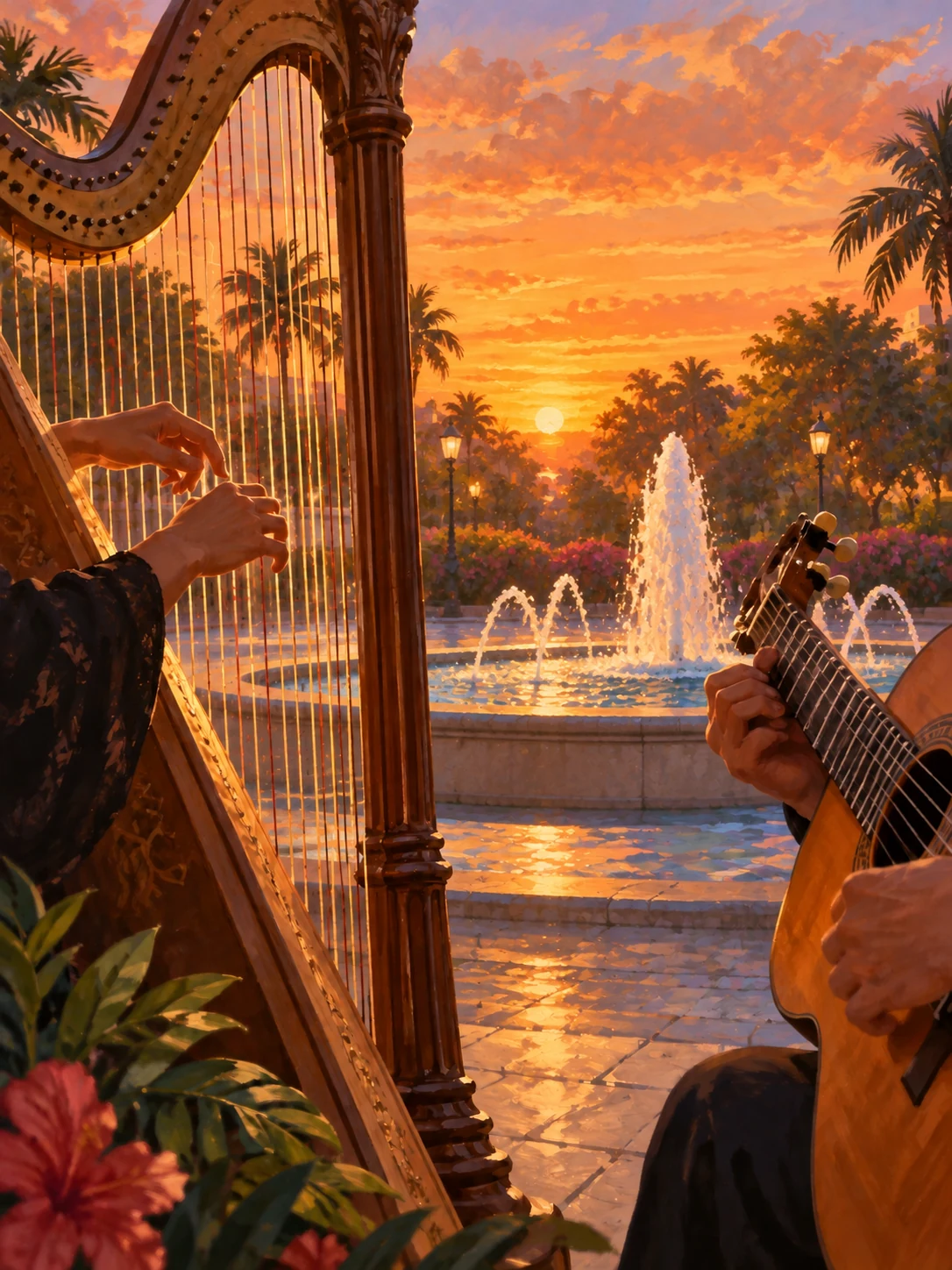 Ilustración editorial de Cuerdas al atardecer en Normandy Fountain