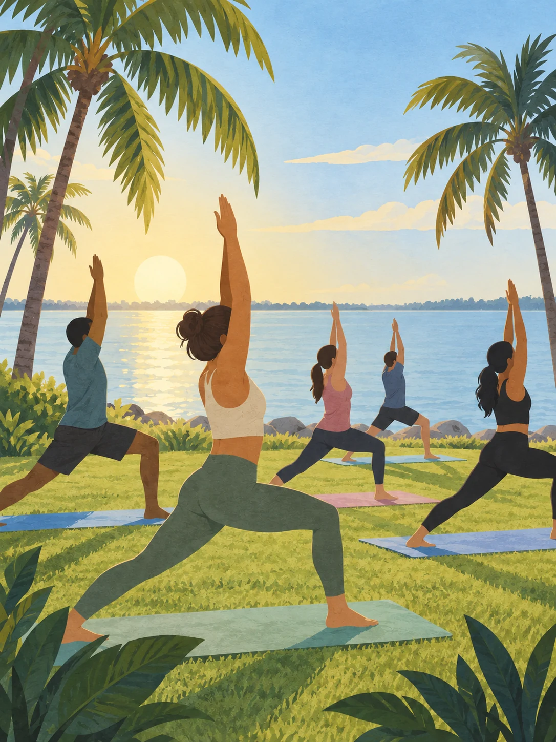 Ilustración editorial de Yoga en North Bayshore Park