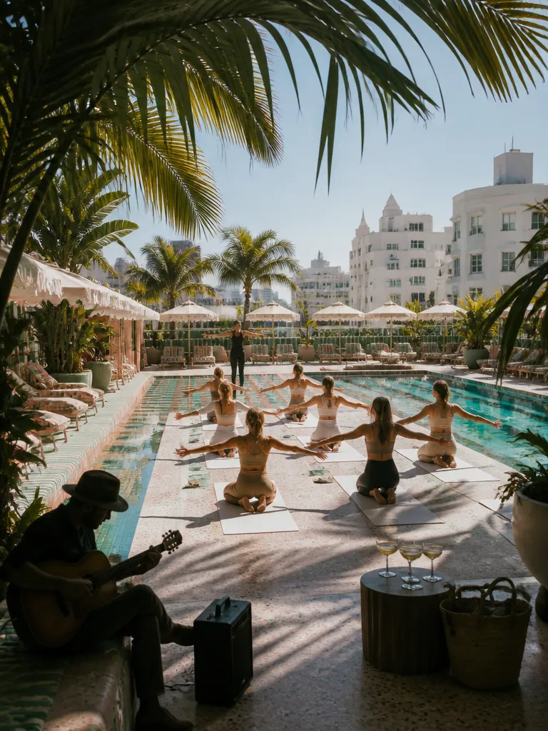 Pilates Unplugged junto a la piscina de The Goodtime Hotel
