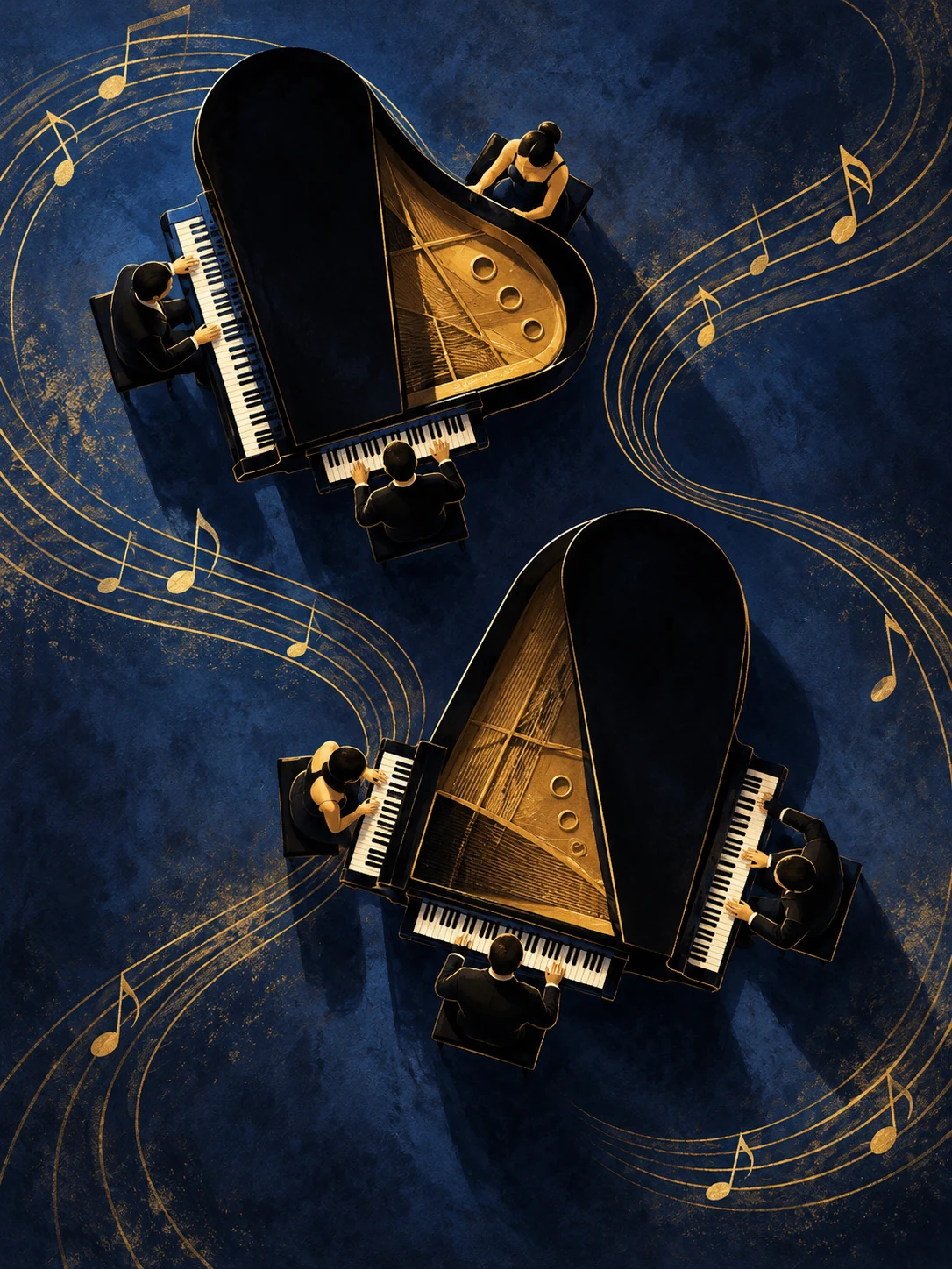 Ilustración editorial de Dos pianos, seis pianistas en Aventura