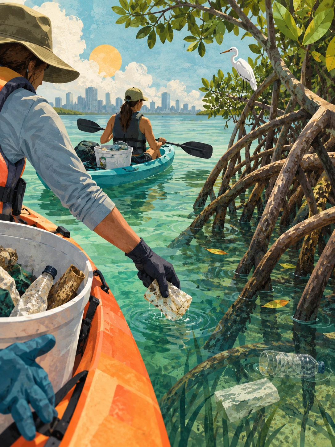 Ilustración editorial de Limpieza en kayak o paddleboard en Virginia Key